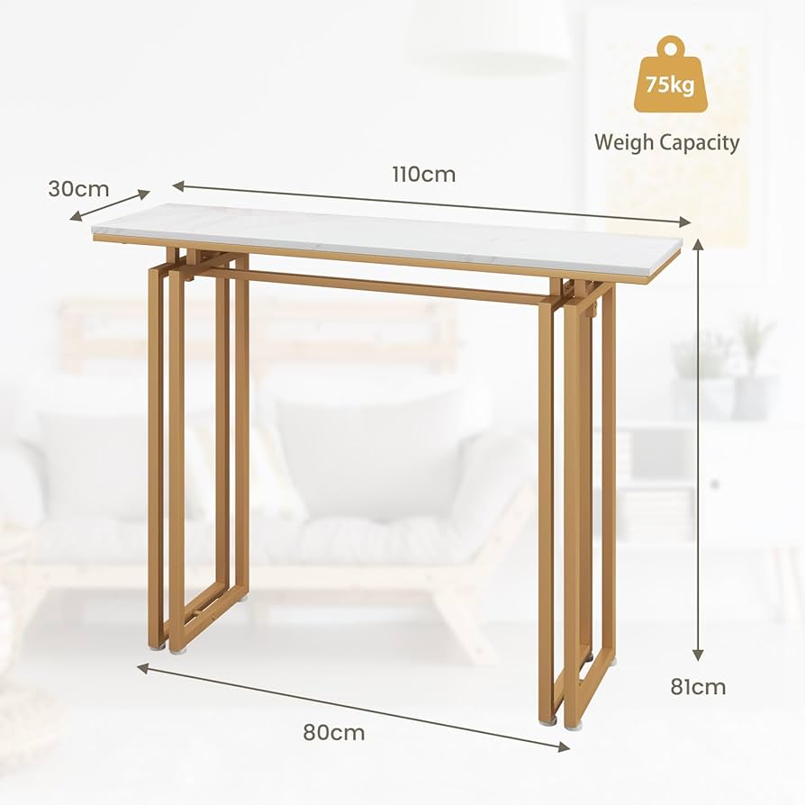 110cm Console Table, Faux Marble Sofa Table w/Sturdy Metal Legs, Adjustable Feet, Modern Entryway Table, Perfect for Foyer, Living Room, Hallway (Gold)