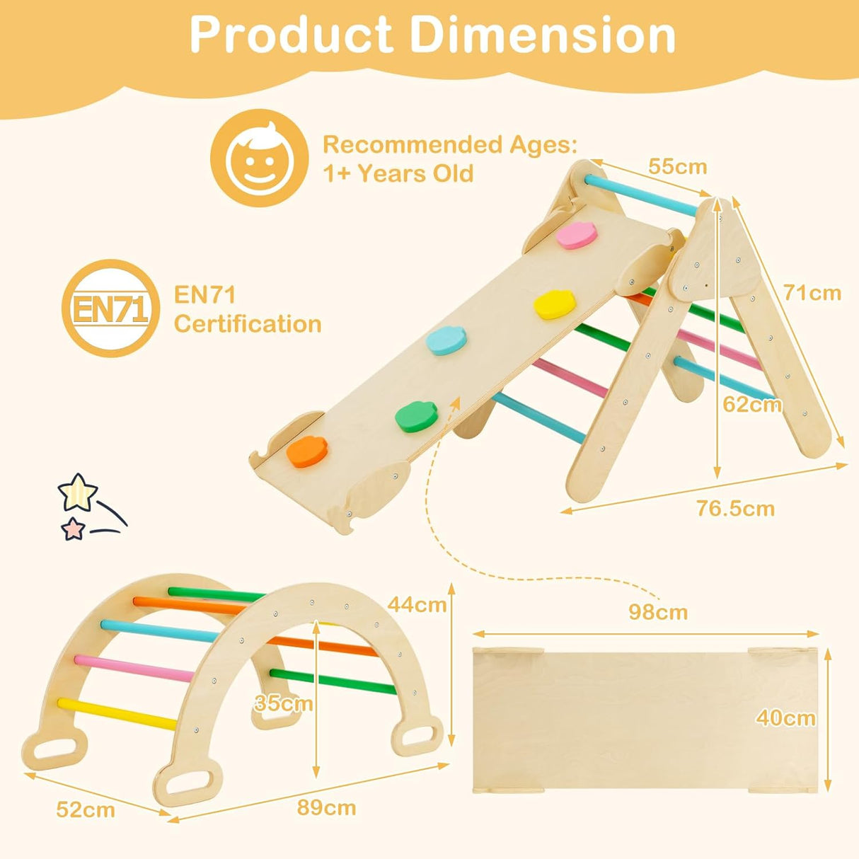 Kids Triangle Climbing Toys Set, 5 in 1 Toddler Wooden Climbing Gym Arch Rocking Playset w/Reversible Ramp for Sliding, Indoor Home Climbing Sliding Set for Boys Girls Colorful