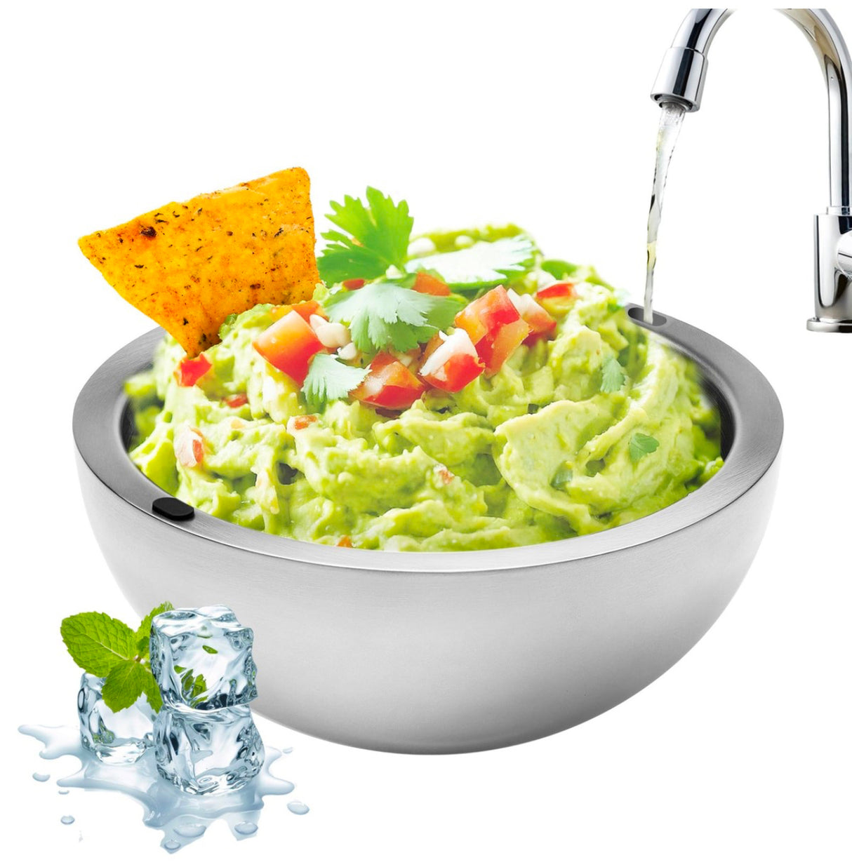Dip Chiller Bowl - Large 35oz Capacity - Frozen Ice Stainless Steel Serving Bowl - Insulated Dip Dish Platter Keeps Salsa, Guacamole, Condiments, Sauces, Salad & Food Hot or Cold