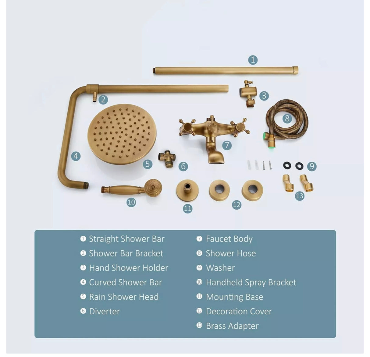 WELS Shower System Set Antique Brass Rainfall Shower Head Hand Shower Wall Mount