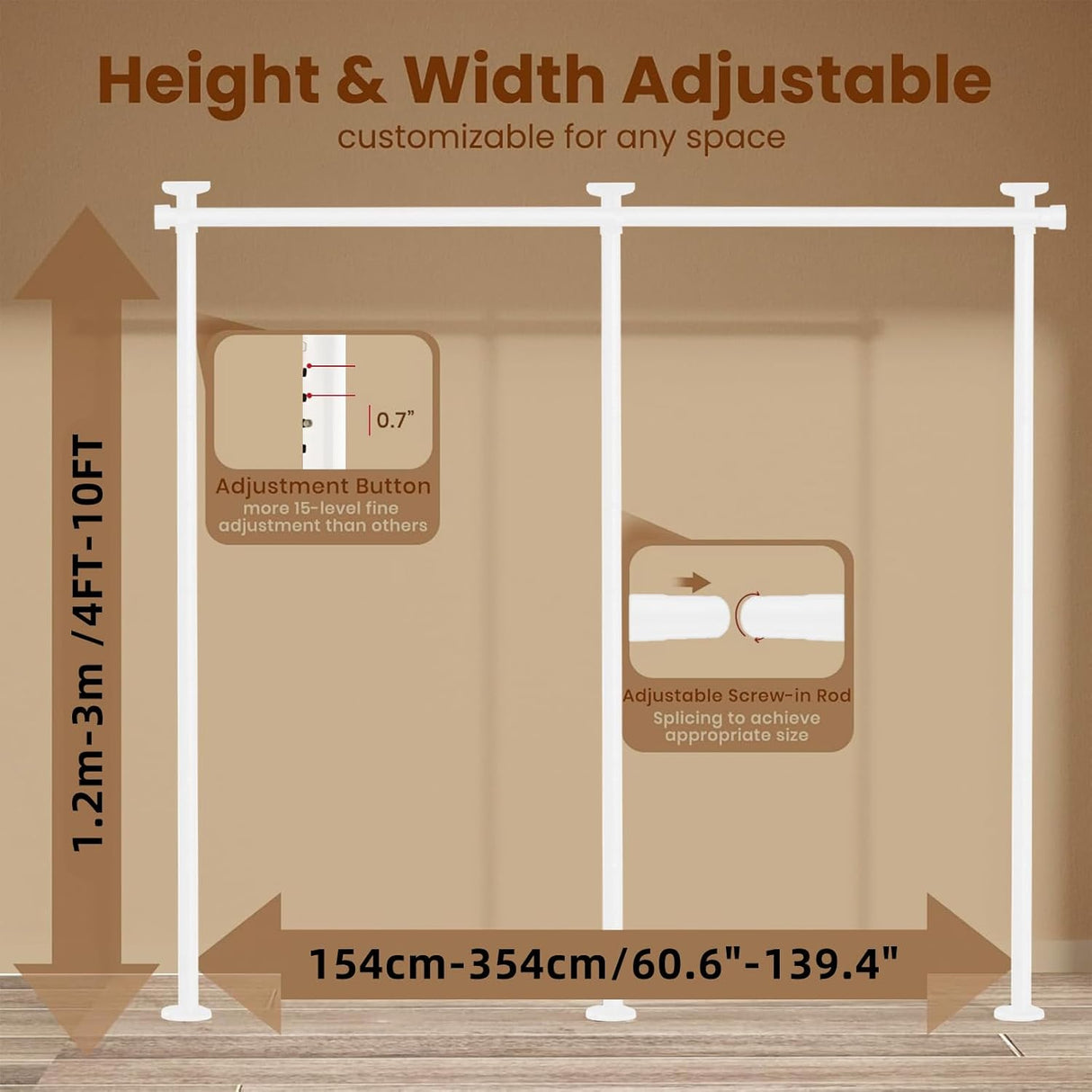 Room Divider Curtain Rod, No Drill Wall Divider for Room Separation122-305cm(H) /154-354cm(W) Adjustable Tension Rod, Heavy Duty Tension Curtain Rods for Bedroom, Living Room Or Studio