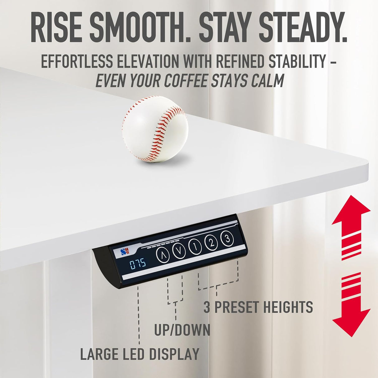 SHW 100 x 55 cm Electric Standing Desk, Whole Piece Desktop Height Adjustable Sit to Stand Desk with Hanging Hooks and Cable Management, White Frame with White Top