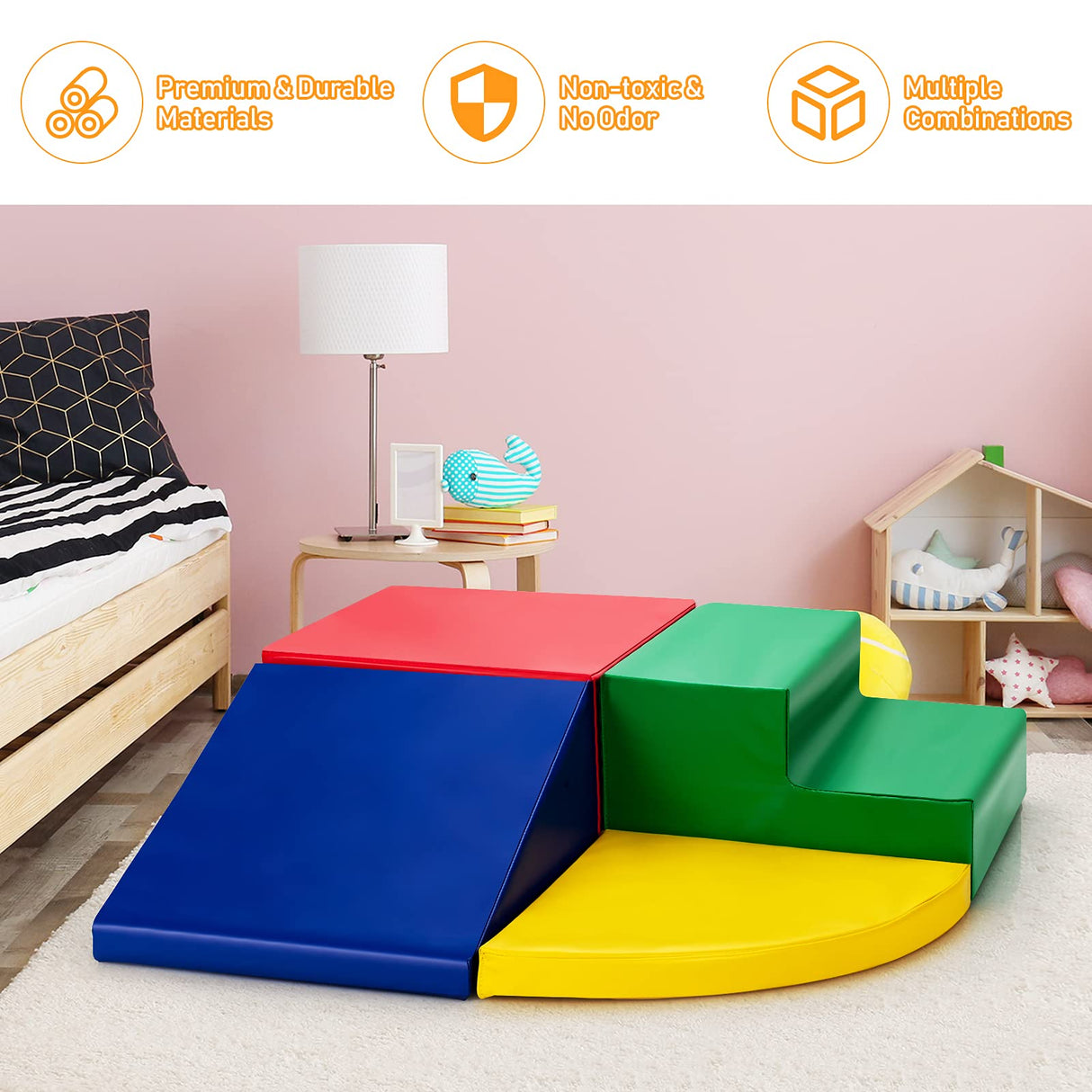 Climb and Crawl Foam Play Set, 4-Piece Soft Toddler Corner Climbing Sliding Blocks, Indoor Activity Play Foam for Babies & Toddlers, Lightweight Foam Gym Equipment Activity Play Set (Red)