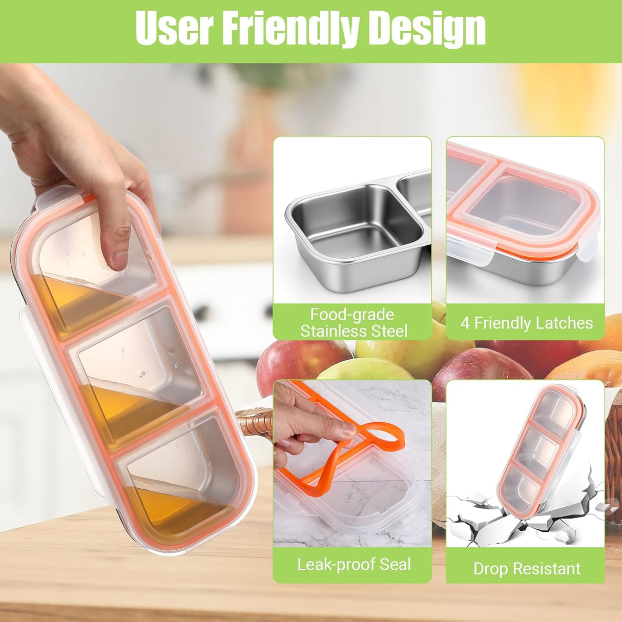 Abekuta Stainless Steel Snack Containers, Reusable Condiment Box with Lids, 3 Compartment Sauce Cups, Divided Food Storage Containers for School, Home, Travel