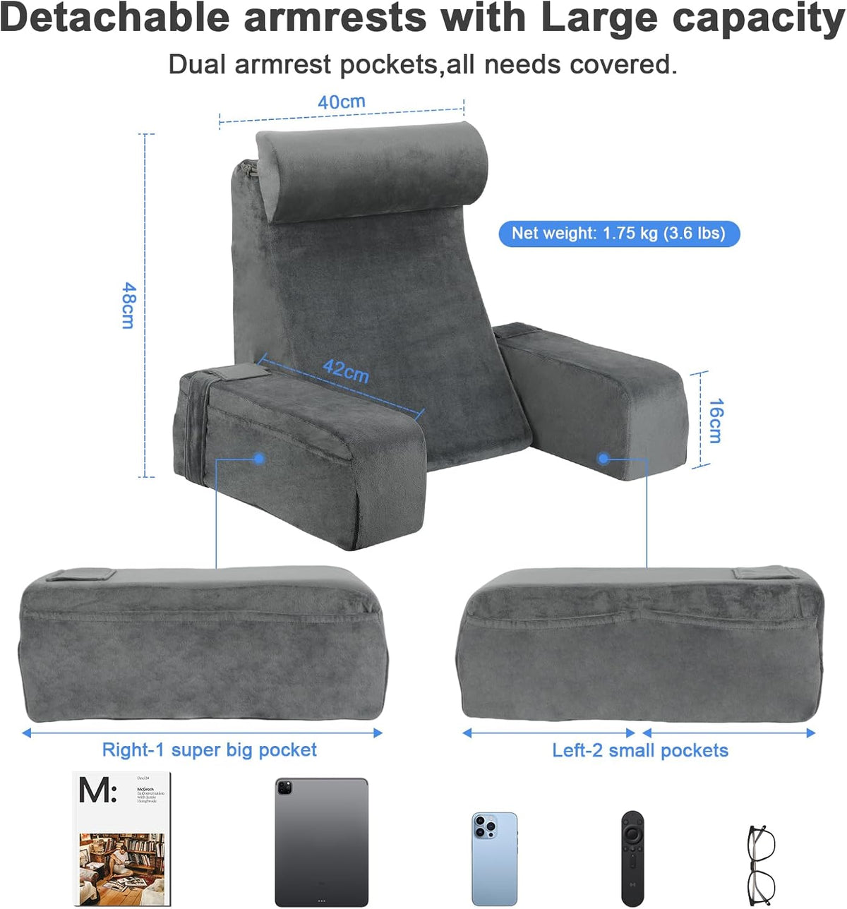 Reading Backrest Pillow with Arms & Storage Pockets
