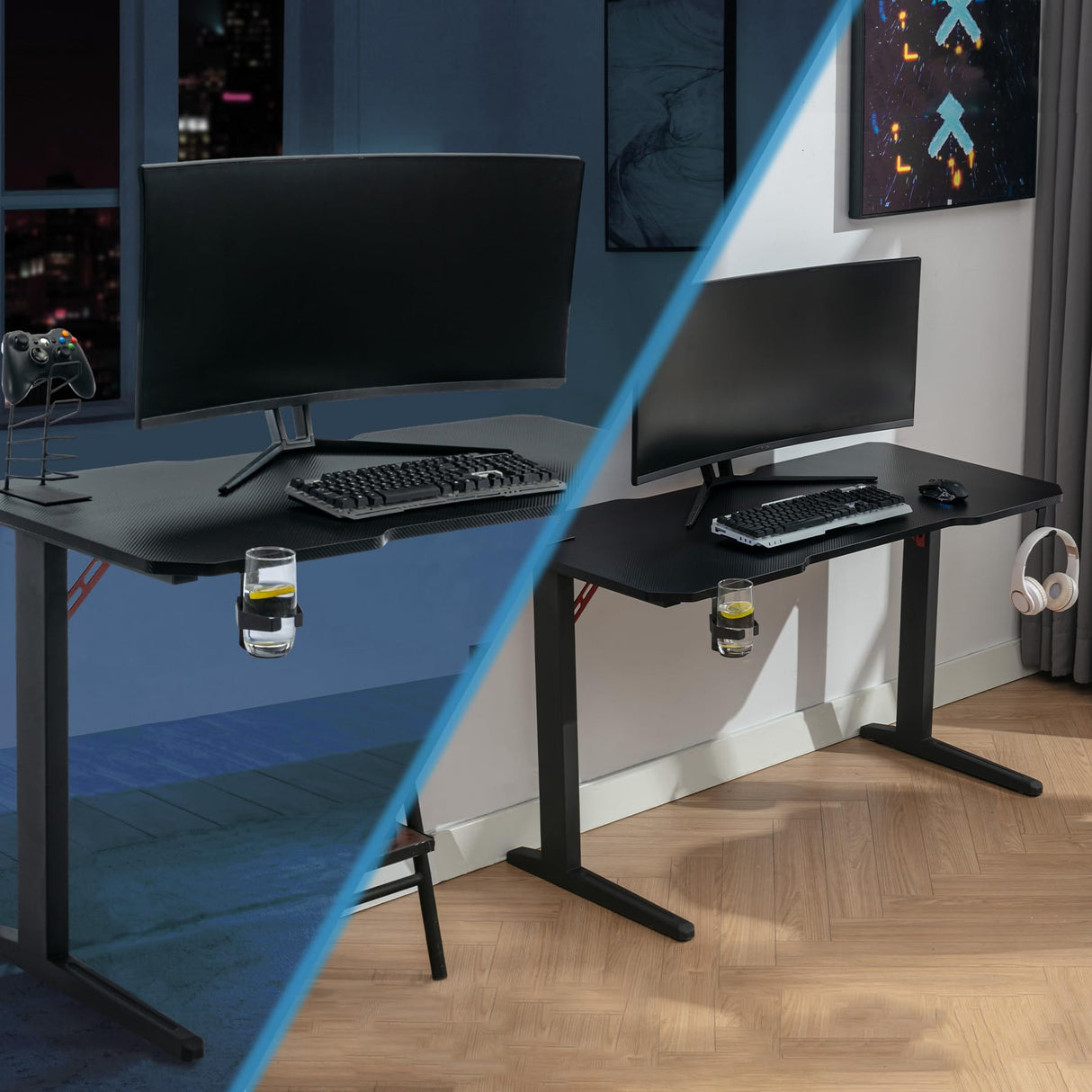 120 CM Gaming Desk Carbon Fiber Surface Gaming Desk Large Computer Desk Ergonomic Home Office Desk L Computer Gamer Workstation with Cup Holder and Headphone Hooks