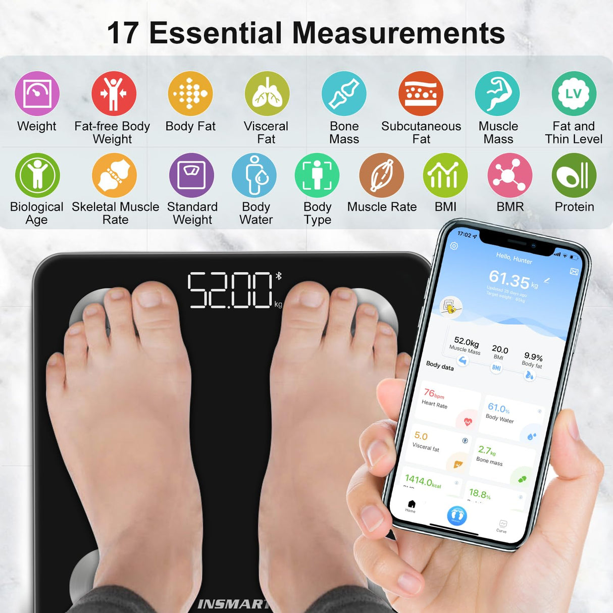 Smart Weight Scale, INSMART Bluetooth Bathroom Scales with BMI Analyze, Digital Body Fat Scale with Smartphone APP, Body Fat Weighing Scale with 17 Body Composition - Black