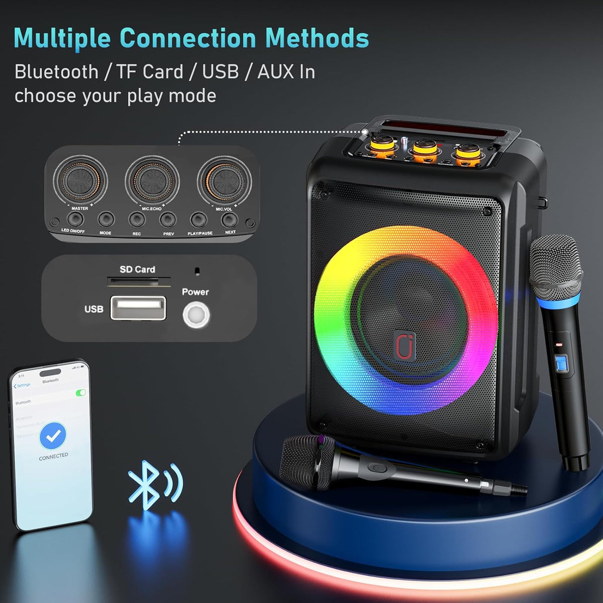 Karaoke Machine with 2 Microphones, Bluetooth Portable Speaker with DJ Party Lights, Support TWS, REC & PA, Ideal for Birthdays, Family Gatherings & Events (Black)