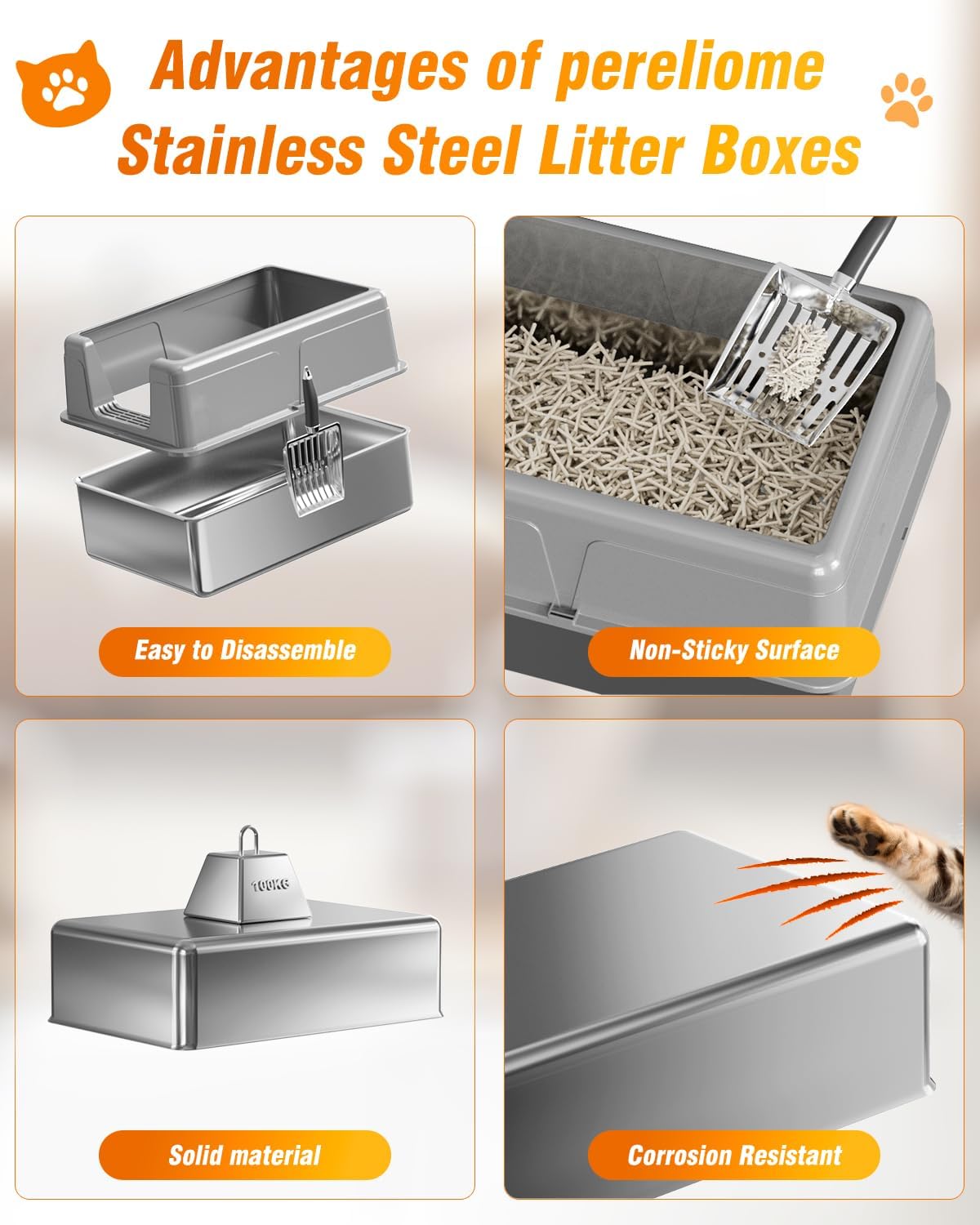 LOVELEDI Cat Litter Box - Stainless Steel Cat Litter Box, Extra Large Cat Little Tray with Lid for Big Cats, XXL Kitty Litter Pan Boxes with High Sides Enclosed, Non-Sticky, 61L x 40.6W x 30.5H CM