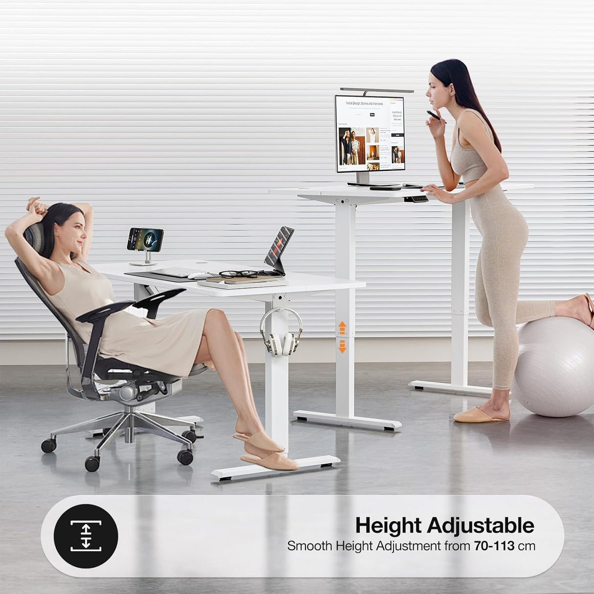 UMOMO 120 x 60cm Electric Standing Desk, Height Adjustable Sit Stand Desk with Splice Board, Workstation Computer Desk with Cable Management for Home Office (White Top White Frame)