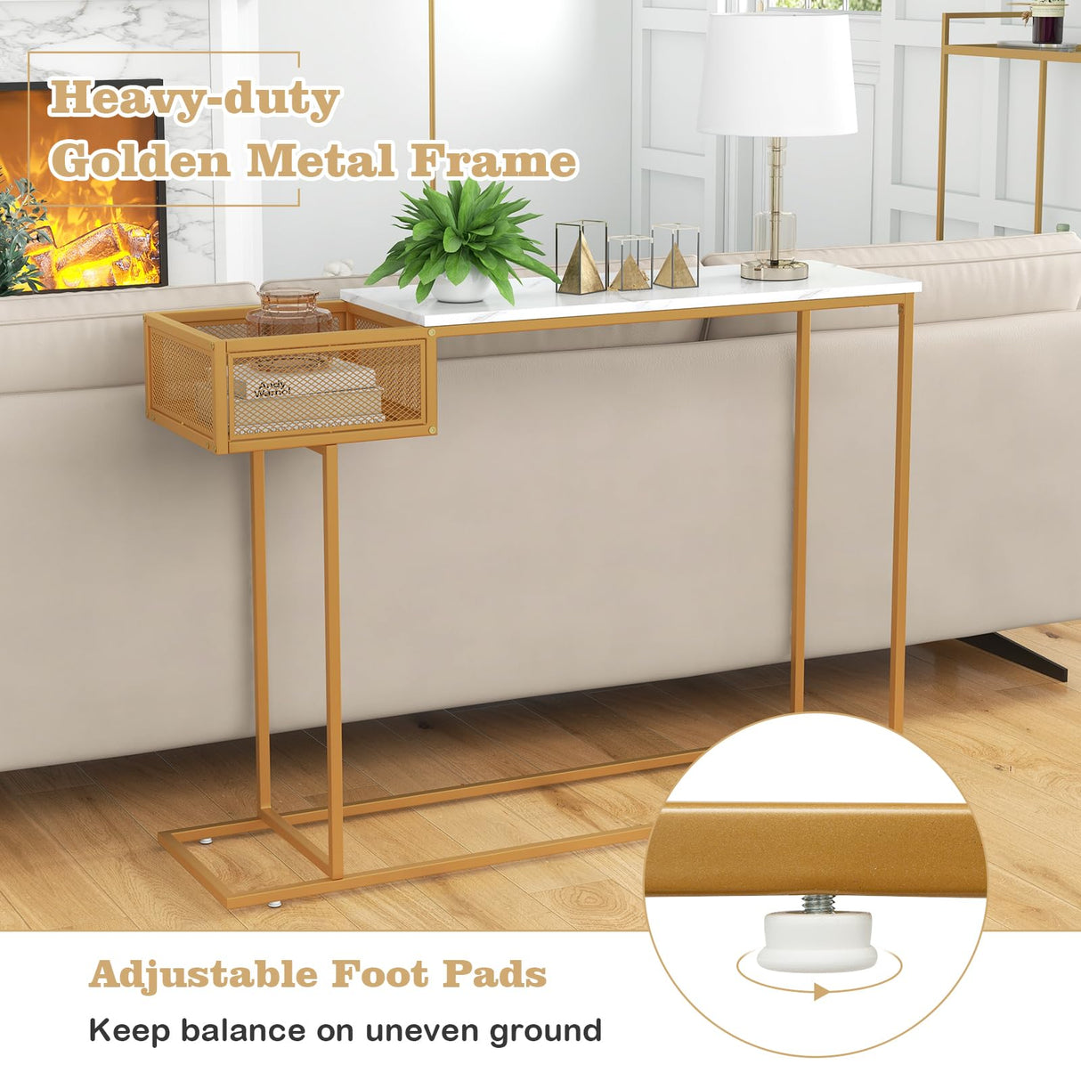 Console Table w/Storage, White Faux Marble Sofa Table w/Gold Metal Frame, Rectangular Entryway Table w/Metal Wire Basket, Long Narrow Couch Table for Living Room, Hallway
