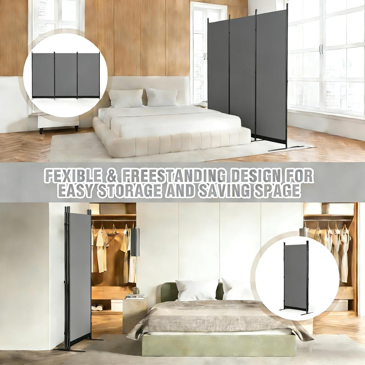 Grey Portable Room Divider, 3 Panel Freestanding Office Dividers, Folding Partition Privacy Wall Screen for Separation, 260 * 50 * 180Cm