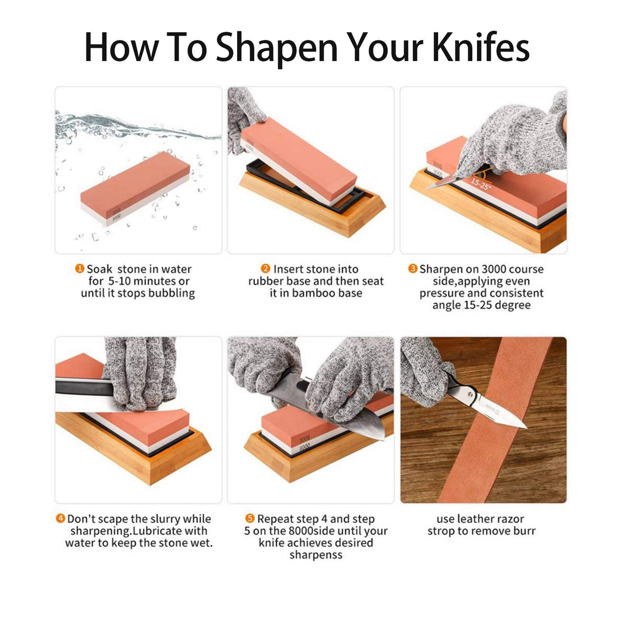 Knife Sharpening Stone,Whetstone Sharpener Includes 4 Side Grit 400/1000 3000/8000 Whetstones, Non-Slip Bamboo Base, Angle Guide,Polishing Compound,Leather Strop, Flattening Stone