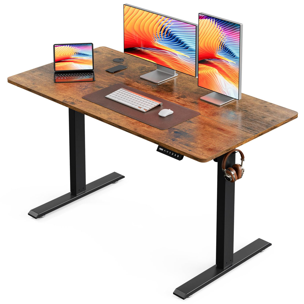 Electric Standing Desk, Height Adjustable Sit Stand Desk with Hooks for Home Office, Metal Frame Stand up Desk with Powerful Motor, Ergonomic Computer Desk for Home Office 120×60CM(Brown)