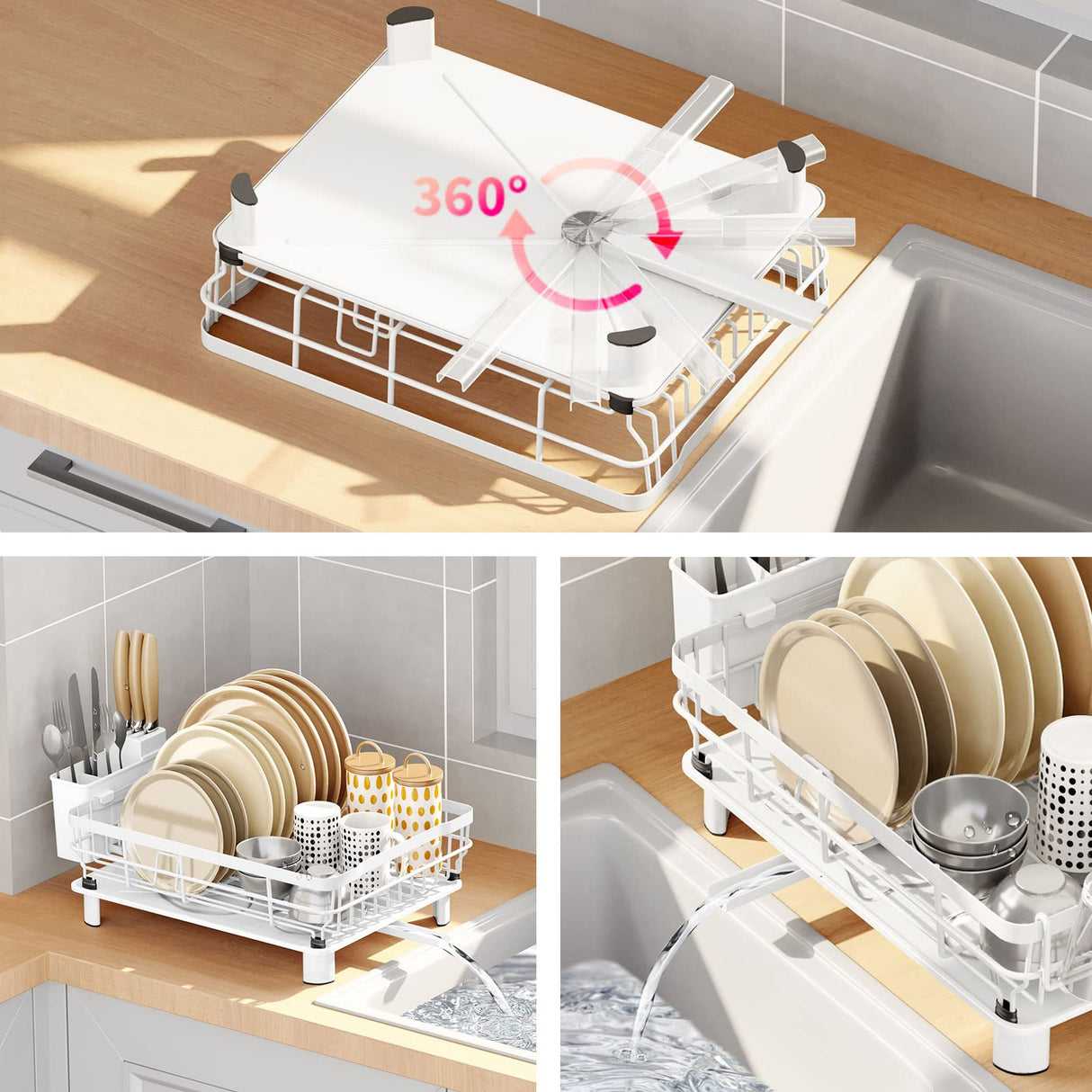 Dish Drying Rack with Drainboard Dish Drainers for Kitchen Counter Sink Adjustable Spout Dish Strainers with Utensil Holder and Knife Slots, White