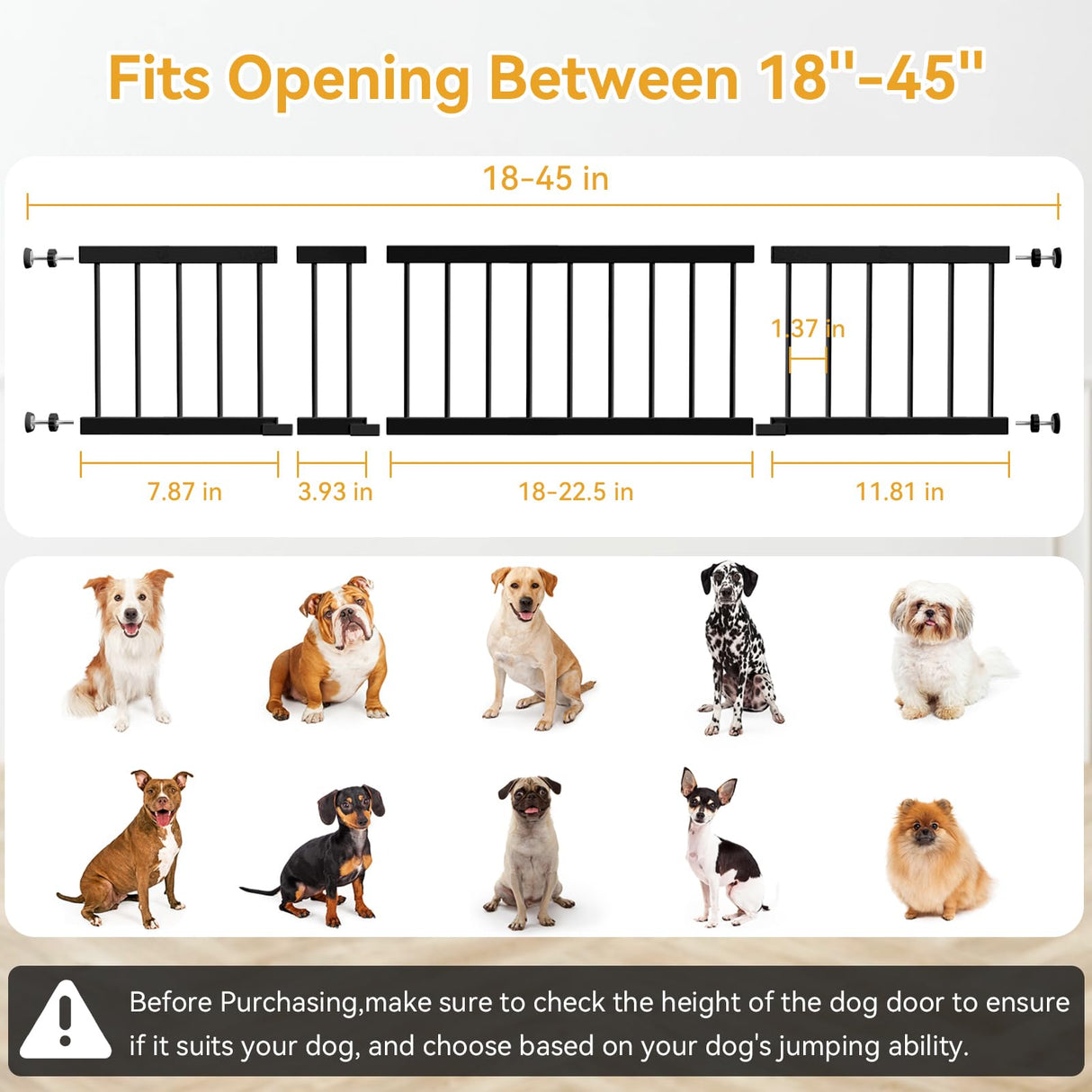 Dog Gate Indoor,18"-45" Adjustable Extra Wide Metal Short Dog Gate to Step Over, 18" Tall Small Pet Gate with 3 Extension Kits, Pressure Mounted Dog Gate for Doorways & Stairs Black
