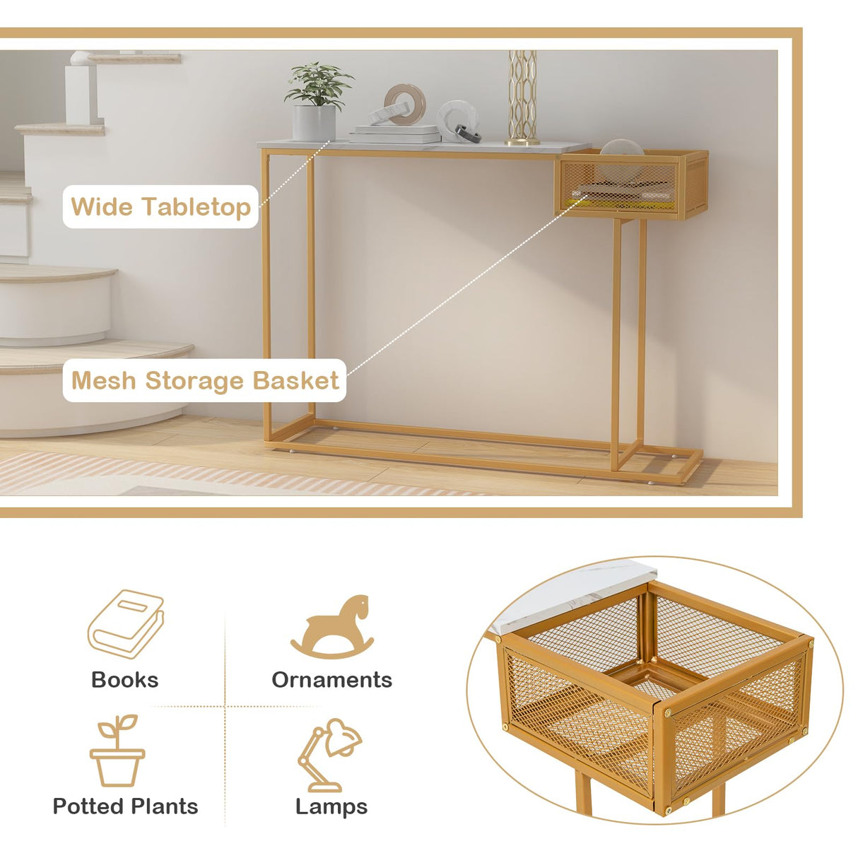 Console Table w/Storage, White Faux Marble Sofa Table w/Gold Metal Frame, Rectangular Entryway Table w/Metal Wire Basket, Long Narrow Couch Table for Living Room, Hallway