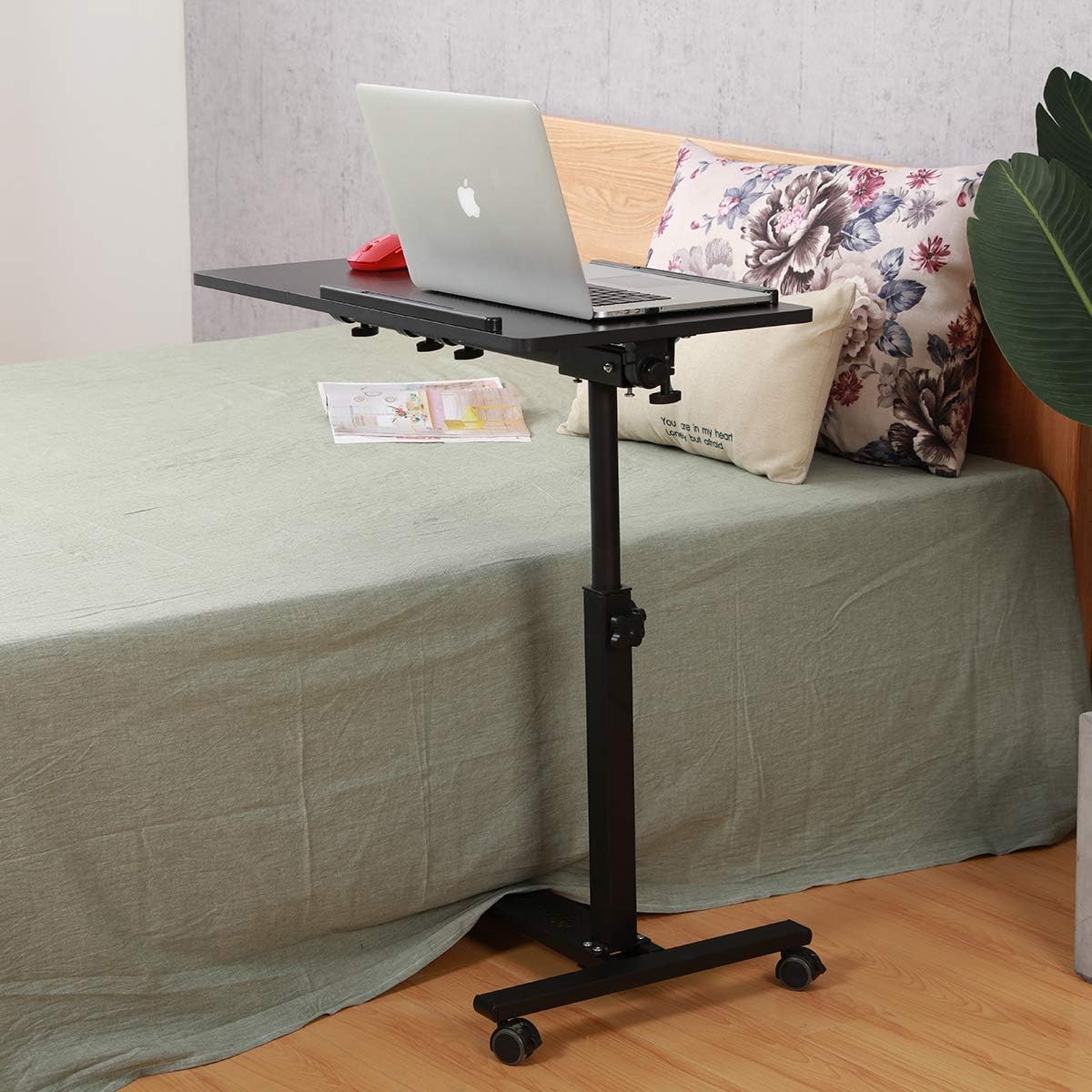 TigerDad Over Bedtable with Wheels Adjustable | Rolling Laptop Table Overbed Desk Hospital Tray Sofa Chair Side Table for Home Office (Black)