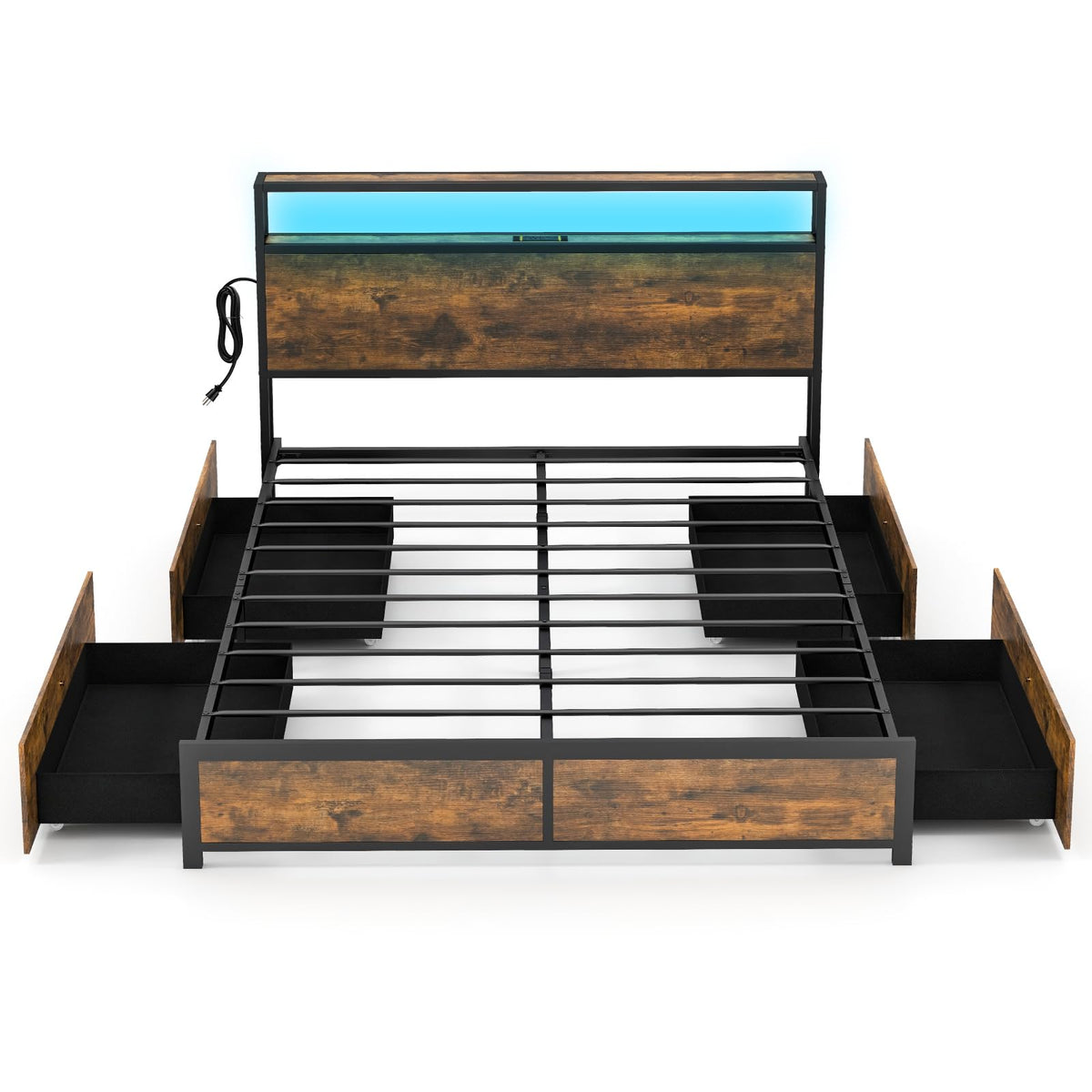 Queen Metal Platform Bed with RGB Headboard, Charging & 4 Drawers