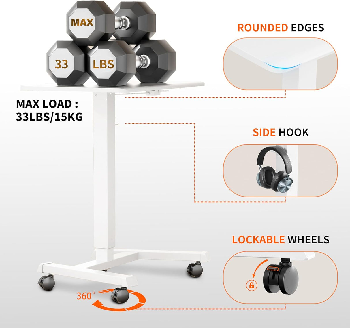 ERGOMAKER Mobile Standing Desk Pneumatic Adjustable Height 25.6 x 17.7 Inch Mobile Desk Adjustable Height On Wheels,Sit Stand up Desk Home Office Computer Desk, White + Single