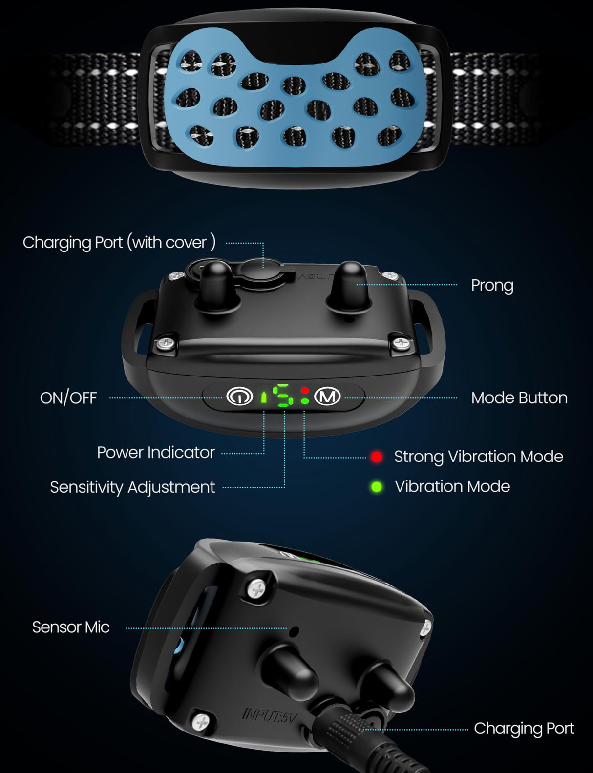 Dog Bark Collar Rechargeable No Shock Barking Collar, Waterproof Smart Beep Vibration Anti Barking Training Collar with 5 Adjustable Sensitivity for Small Medium Large Dogs