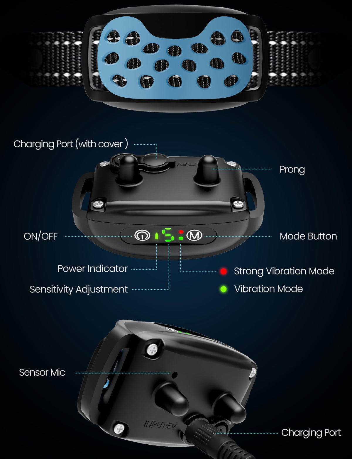 Dog Bark Collar Rechargeable No Shock Barking Collar, Waterproof Smart Beep Vibration Anti Barking Training Collar with 5 Adjustable Sensitivity for Small Medium Large Dogs