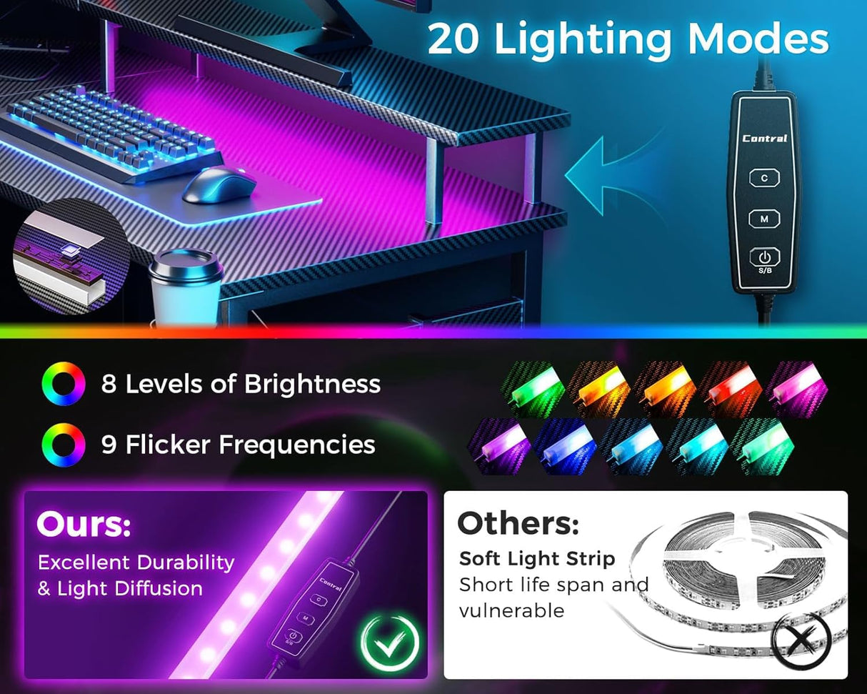 ODK L Shaped Computer Desk, Gaming Desk LED Light Strip and 2 USB 3 Charging Port, Gaming Table with Monitor Surface, Gaming Desks Workstations, Texture Black