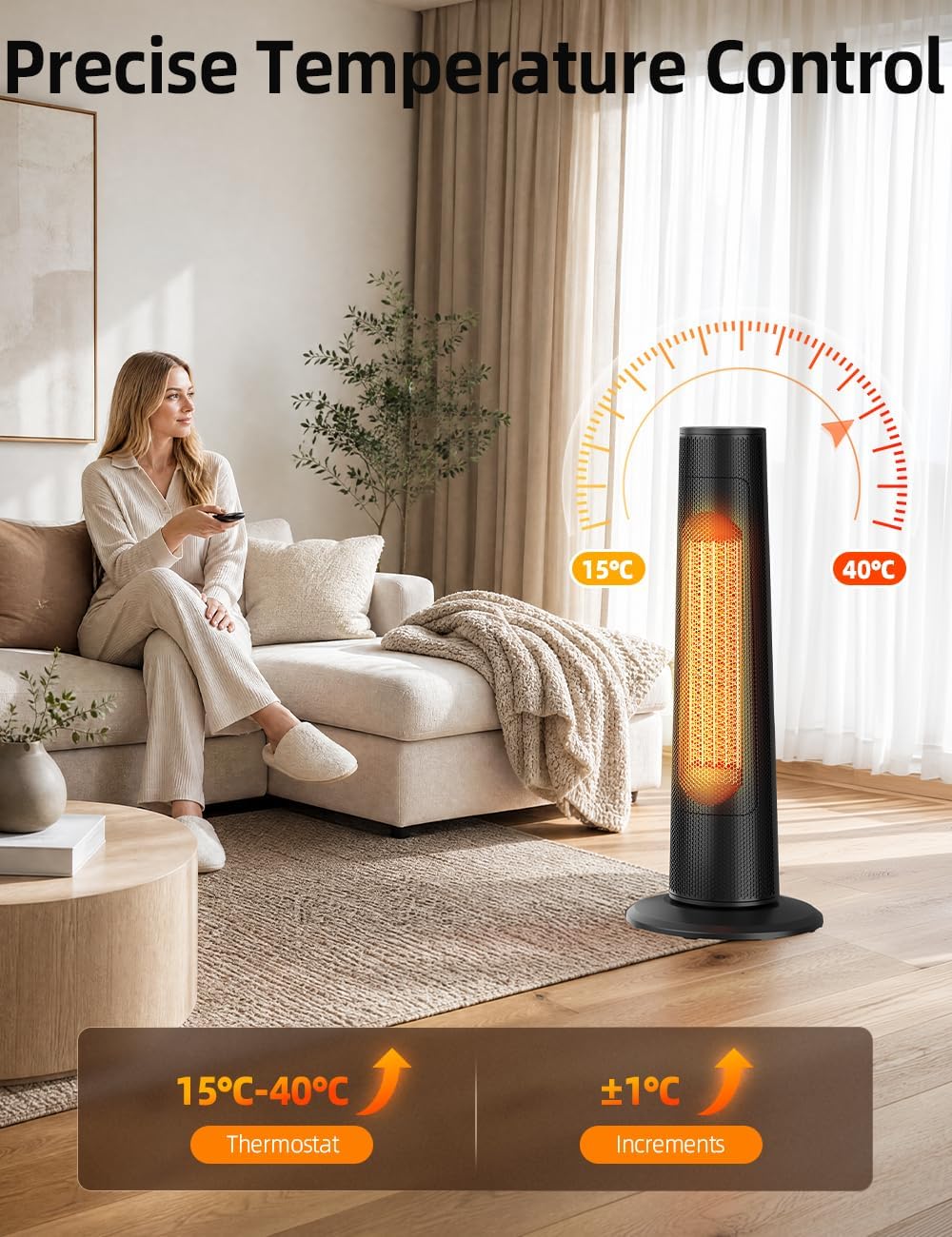 Portable Heater, 63CM 2000W PTC Ceramic Heater w/Remote, 1S Heating 30m², 12H Timer, 70° Oscillation, Adjustable Thermostat Fan Heater, Overheat & Tip-Over Protection Room Heater for Bedroom