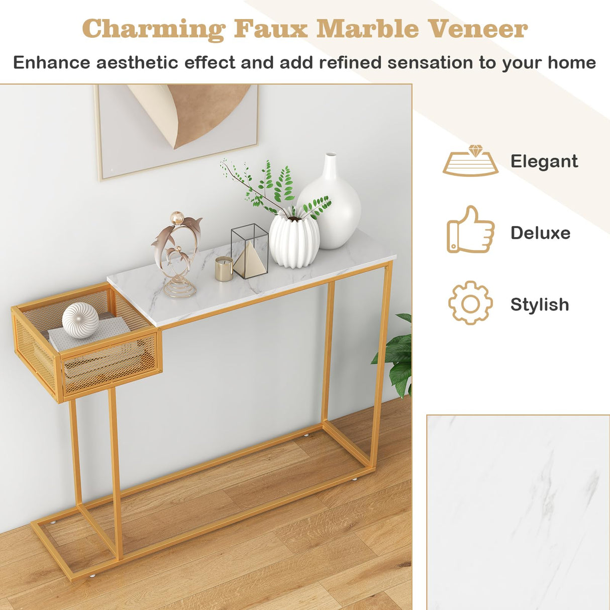 Console Table w/Storage, White Faux Marble Sofa Table w/Gold Metal Frame, Rectangular Entryway Table w/Metal Wire Basket, Long Narrow Couch Table for Living Room, Hallway