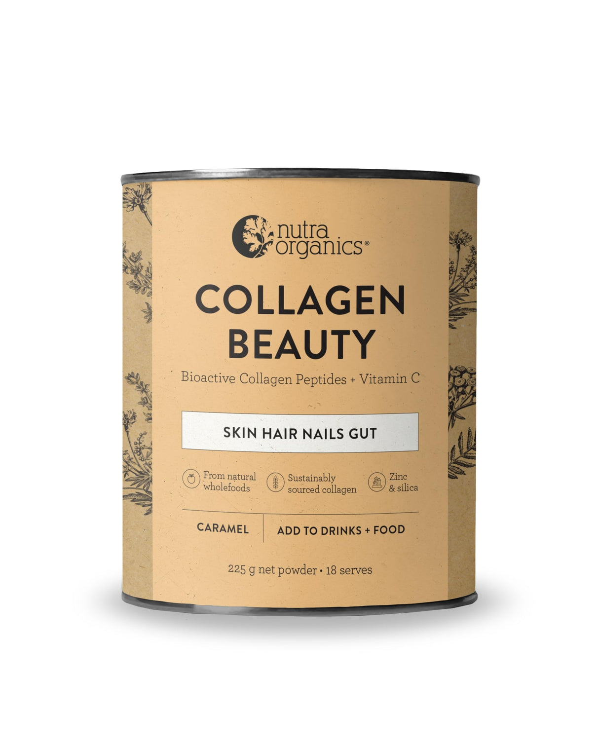 Nutra Organics Collagen Beauty Vanilla 225g | Low Sugar, Non-Dairy, Drink Mix w/Vitamin C | Collagen Powder that Supports Skin Elasticity & Hydration, Healthy Hair, Nails, & Gut Wellbeing (18 Serves)