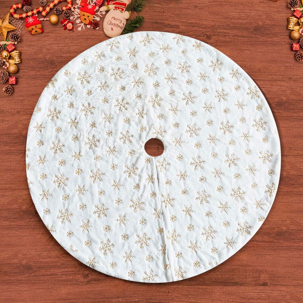 Christmas Tree Skirt - 48 inches Large White Luxury Faux Fur Tree Skirt Christmas Decorations Holiday Thick Plush Tree Xmas Ornaments (White/Gold)