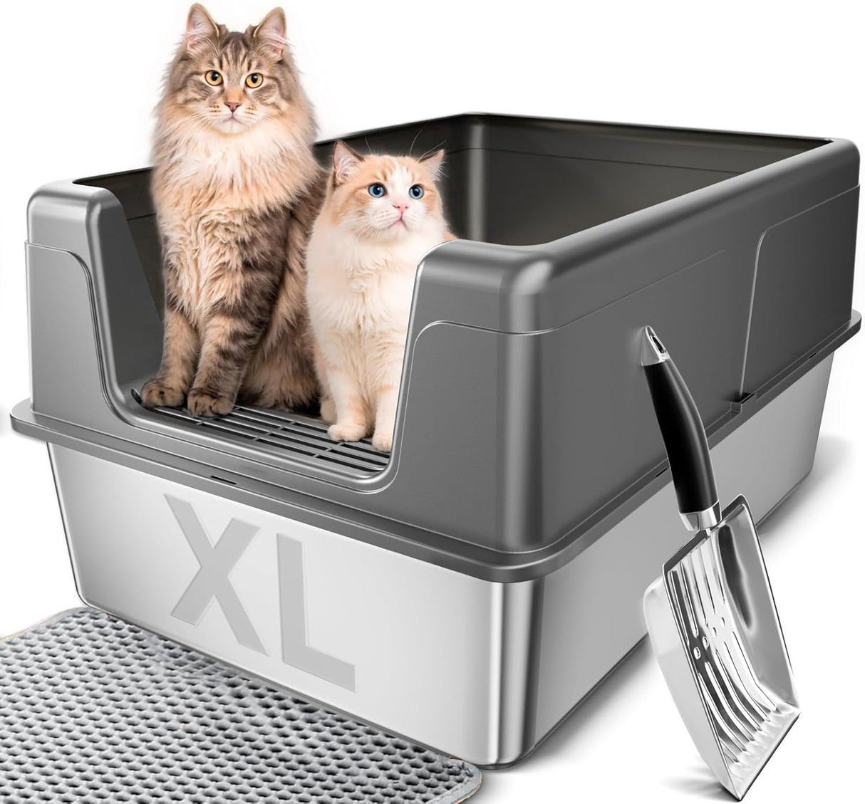 LOVELEDI Cat Litter Box - Stainless Steel Cat Litter Box, Extra Large Cat Little Tray with Lid for Big Cats, XXL Kitty Litter Pan Boxes with High Sides Enclosed, Non-Sticky, 61L x 40.6W x 30.5H CM