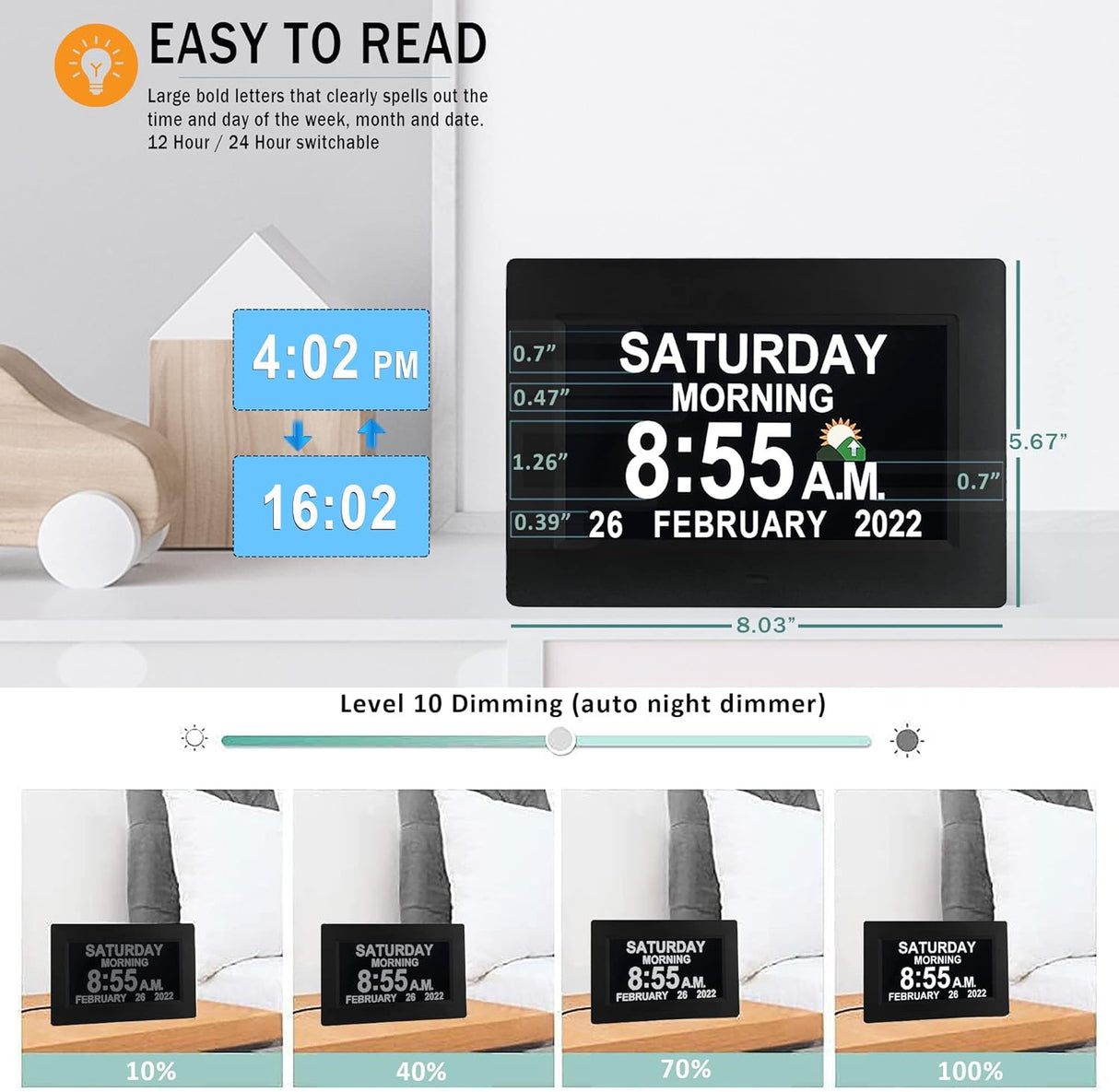 19 Alarms Day Date Clock Dementia Clock Digital Alarm Clock, 15 Custom Reminders, Auto Night Dimming, Non-Abbreviated Calendar Clock with 5 Colors, 6 Display Effects