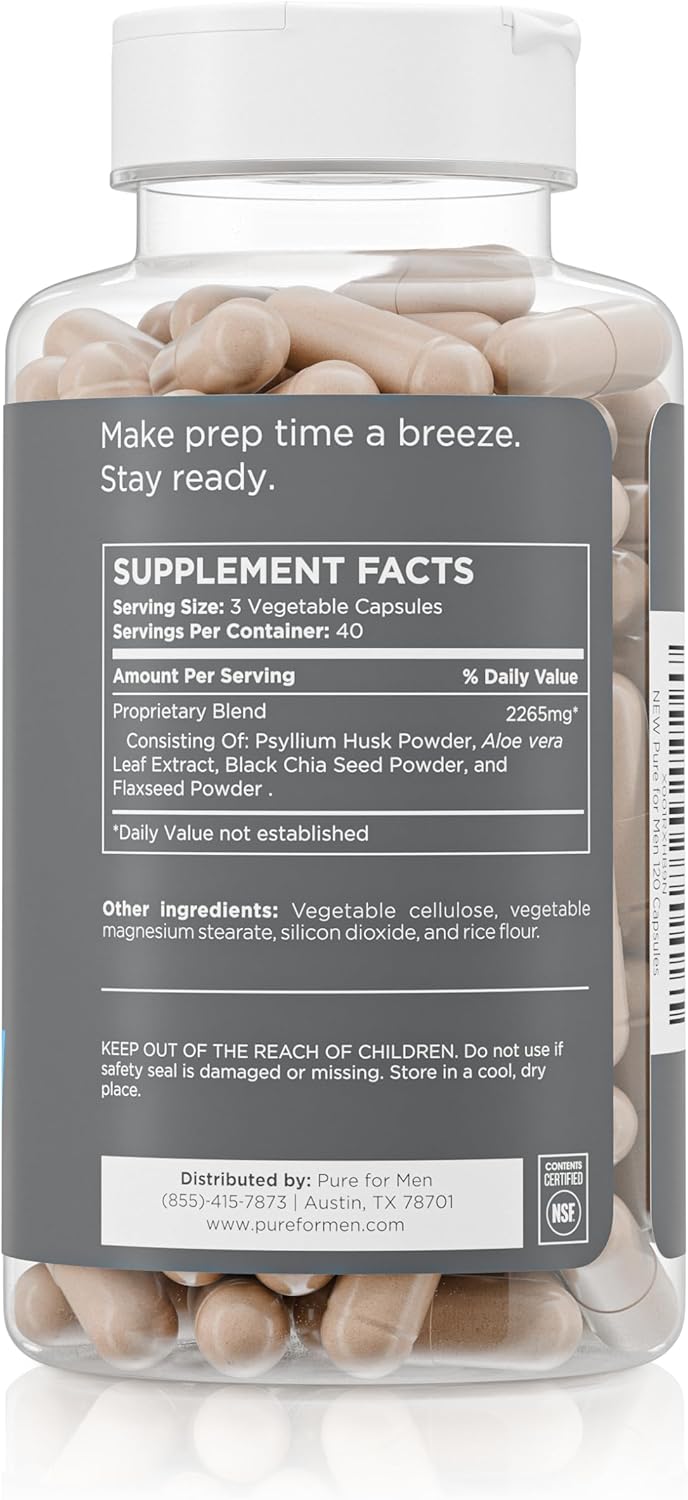 Pure for Men Original Cleanliness Stay Ready Fiber Supplement, 120 Vegan Capsules, Helps Promote Digestive Regularity. Psyllium Husk, Chia Seeds, Oat Fibre, Proprietary Formula