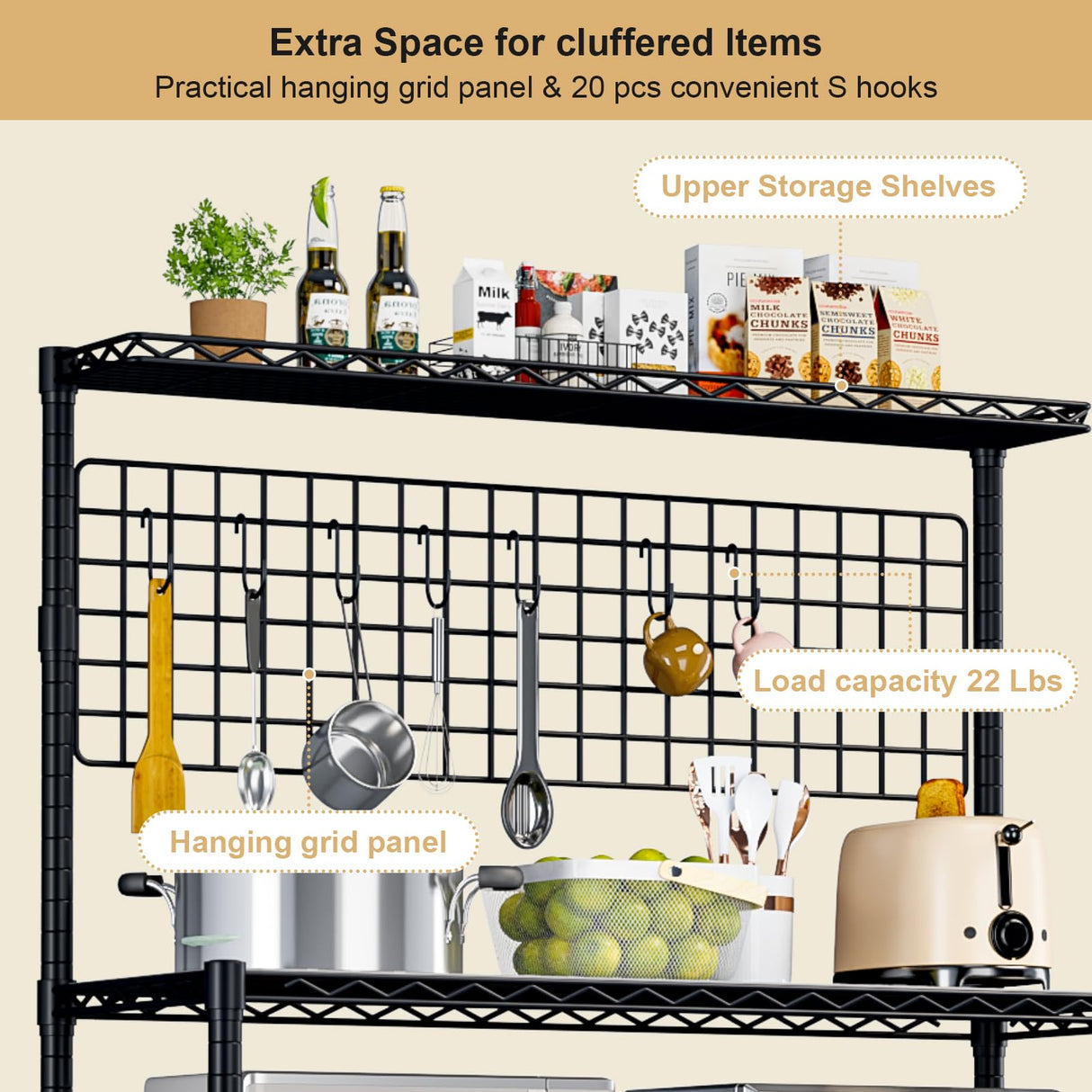 Kitchen Bakers Rack with Adjustable Shelf, 4-Tier Heavy Duty Kitchen Storage Rack with Wheels, Microwave Stand for Big Microwave, Metal Utility Kitchen Appliances Storage Shelf