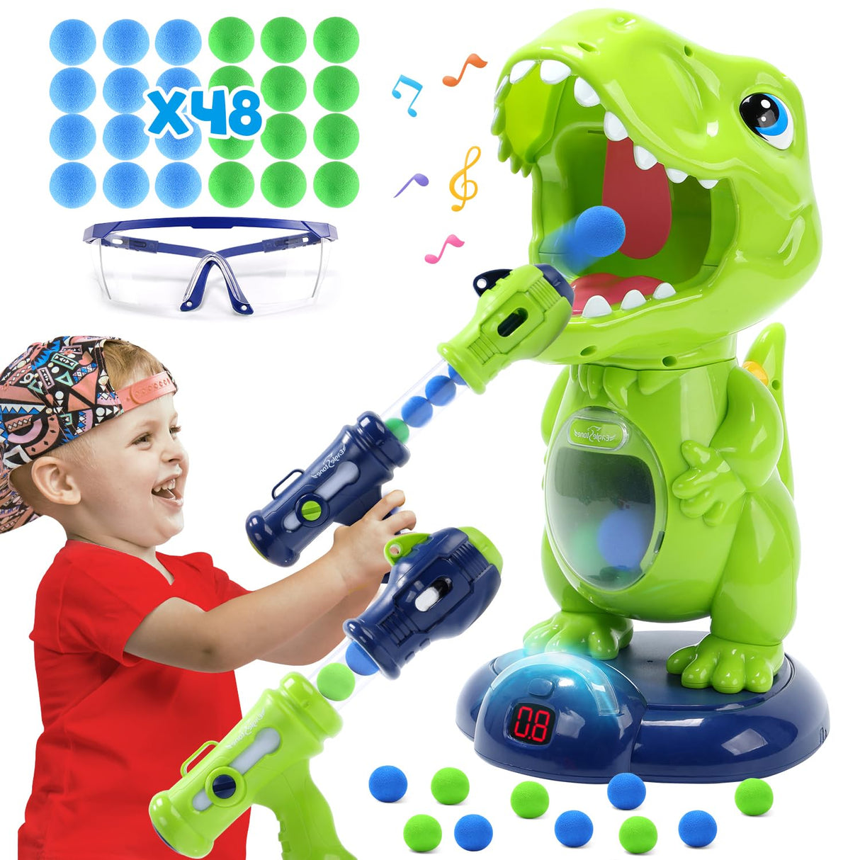 Movable Dinosaur Shooting Toys for Kids,Electronic Target Shooting Games with 2 Pump Gun,48 Balls Party Favor Toys with Score Record, LED & Sound, Dino Toys Boys and Girls