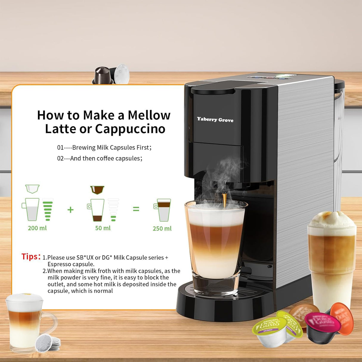 4in1 Espresso Machine,Customize Volume Settings,Automatic Coffee Maker, Single-Serve Capsule Coffee Machine for Nespresso original/L'OR/Ground Coffee,19Bar Espresso Machine,1450W Coffee Machine