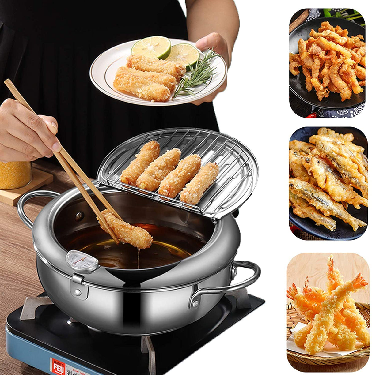 Deep Fryer Pot - Japanese Tempura Small Deep Fryer Stainless Steel Frying Pot With Thermometer,Lid And Oil Drip Drainer Rack for French Fries Shrimp Chicken Wings and Shrimp (24cm/9.4inch)