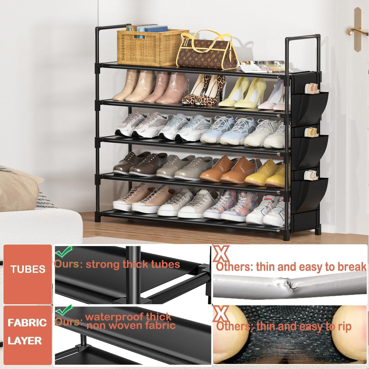 Shoe Rack 5 Tier Shoe Organizer Shoe Storage 20-25 Pairs Shoe Rack for Closet Shoe Rack Organizer Entryway Shoe Holder Space Saving Shoe Shelf Shoe Stand Large Tall Shoe Tower Bedroom Garage Door