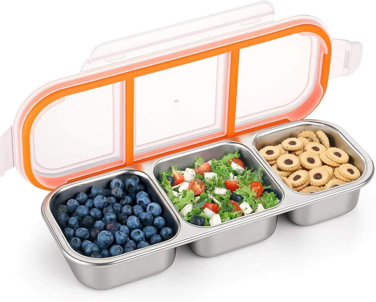 Abekuta Stainless Steel Snack Containers, Reusable Condiment Box with Lids, 3 Compartment Sauce Cups, Divided Food Storage Containers for School, Home, Travel