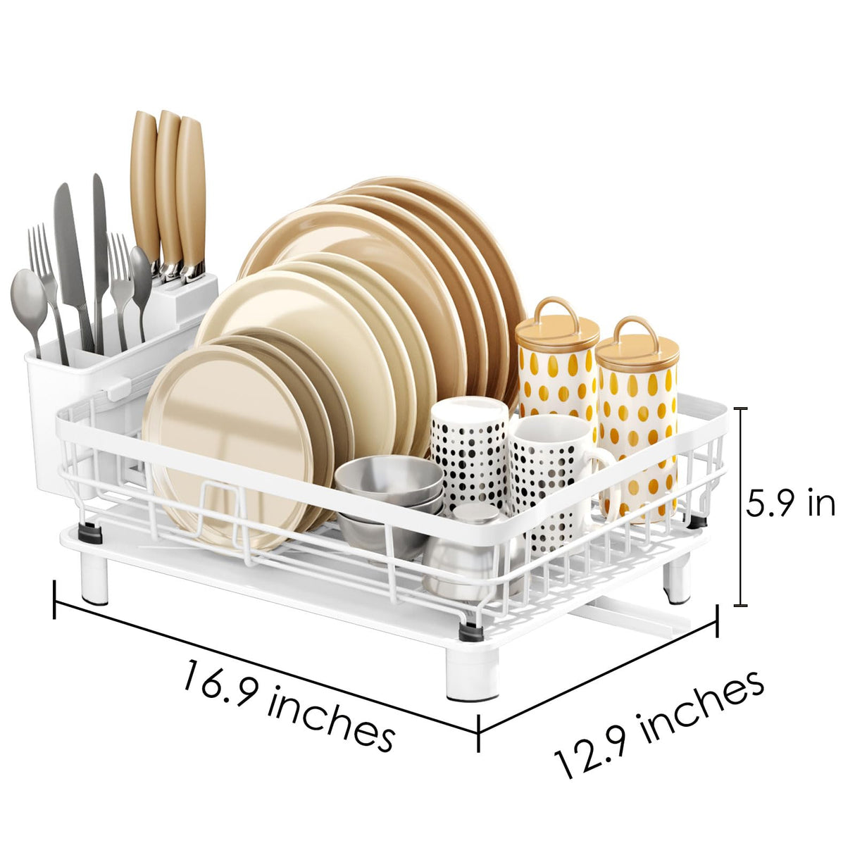 Dish Drying Rack with Drainboard Dish Drainers for Kitchen Counter Sink Adjustable Spout Dish Strainers with Utensil Holder and Knife Slots, White