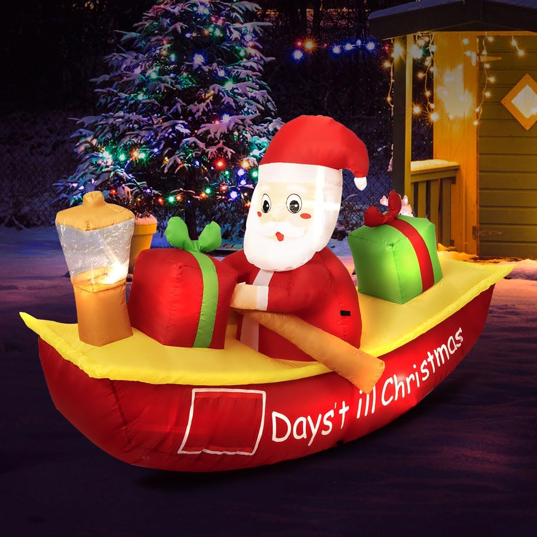 Christmas Inflatable Santa Clau Boat Xmas Indoor Decorations with LED Lights,Fast Self-Inflatable and deflatable,Waterproof Home Garden Holiday Party Outdoor Decor Red Colour 135cm x 210cm