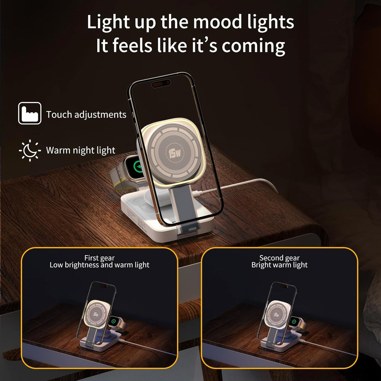 3 in 1 Foldable Wireless Charging Station for iPhone Magnetic Charger,Mag-Safe Travel Wireless Charger Stand Dock Compatible with iPhone 16/15/14/13&Air-Pods&Apple Watch with Night Light Stand(White)