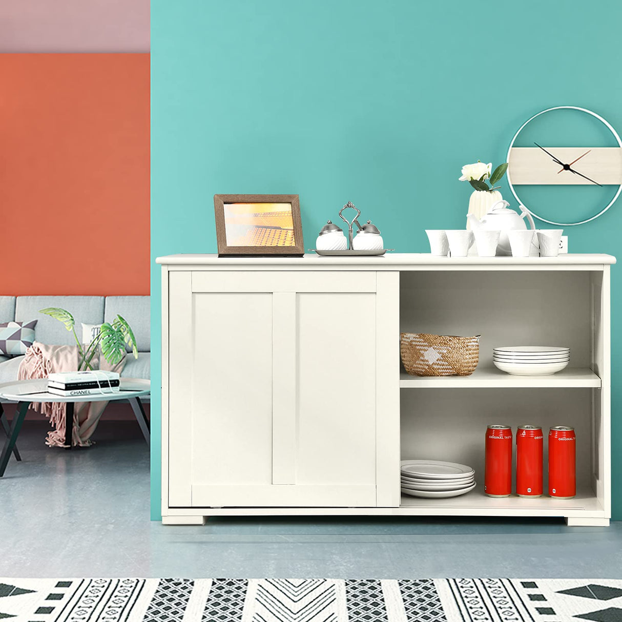 Buffet Sideboard Cabinet, Home Storage Cabinet, 2 Convenient Smooth Sliding Doors & 2 Height-Adjustable Shelves, Side Cabinet Table Cupboard, Creamy White