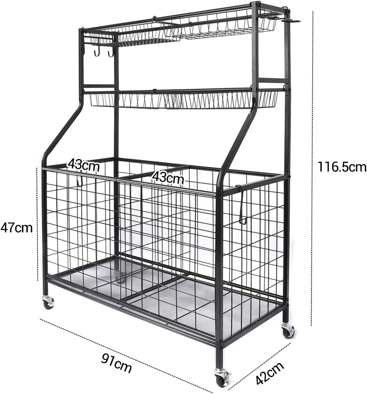 All-in-one Ball Storage Rack Metal Garage Sports Equipment Storage Organizer Basketball Holder Cart 91x42x116.5cm w/Wheels Hooks,Indoor Outdoor