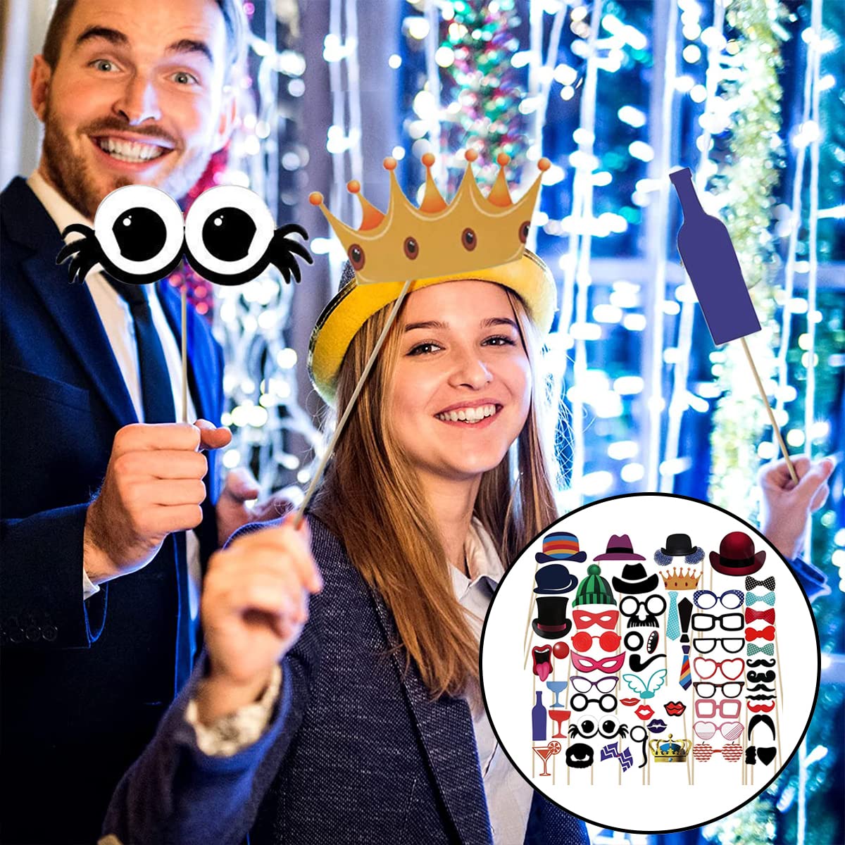 Party Photo Booth Props, 58 Pcs Funny Photo Booth Party Decorations Moustache Glasses Hats Crowns for Party Selfie Props, Memory Photo, Birthday Party