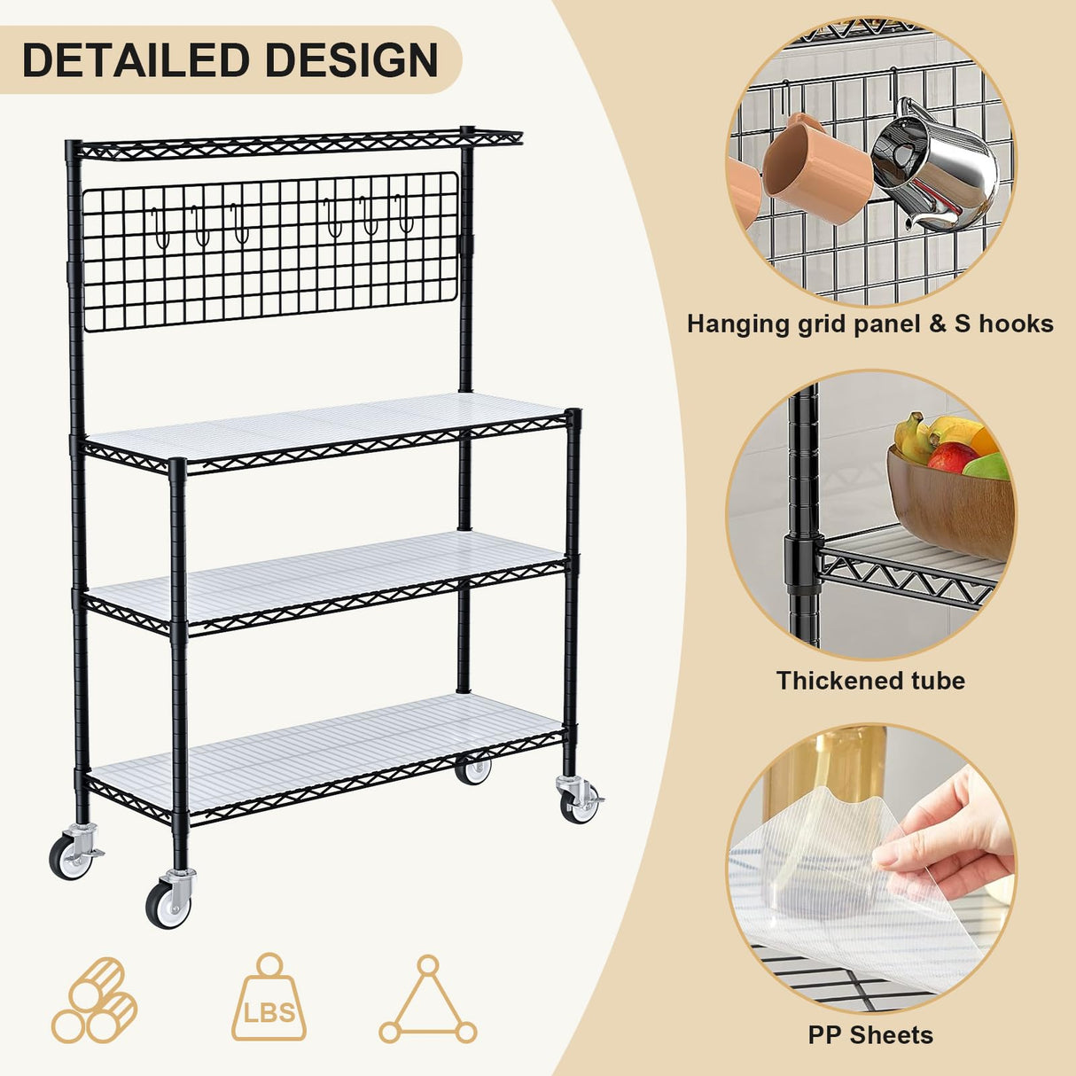 Kitchen Bakers Rack with Adjustable Shelf, 4-Tier Heavy Duty Kitchen Storage Rack with Wheels, Microwave Stand for Big Microwave, Metal Utility Kitchen Appliances Storage Shelf