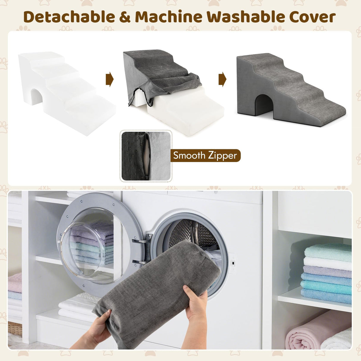 4-Tier High Density Foam Dog Ramps, Extra Wide Pet Stairs with Non-slip Bottom for High Beds & Couches, Pet Steps with Washable Cover, Arch & Lint Roller for Old Dogs, Injured Pets, Grey