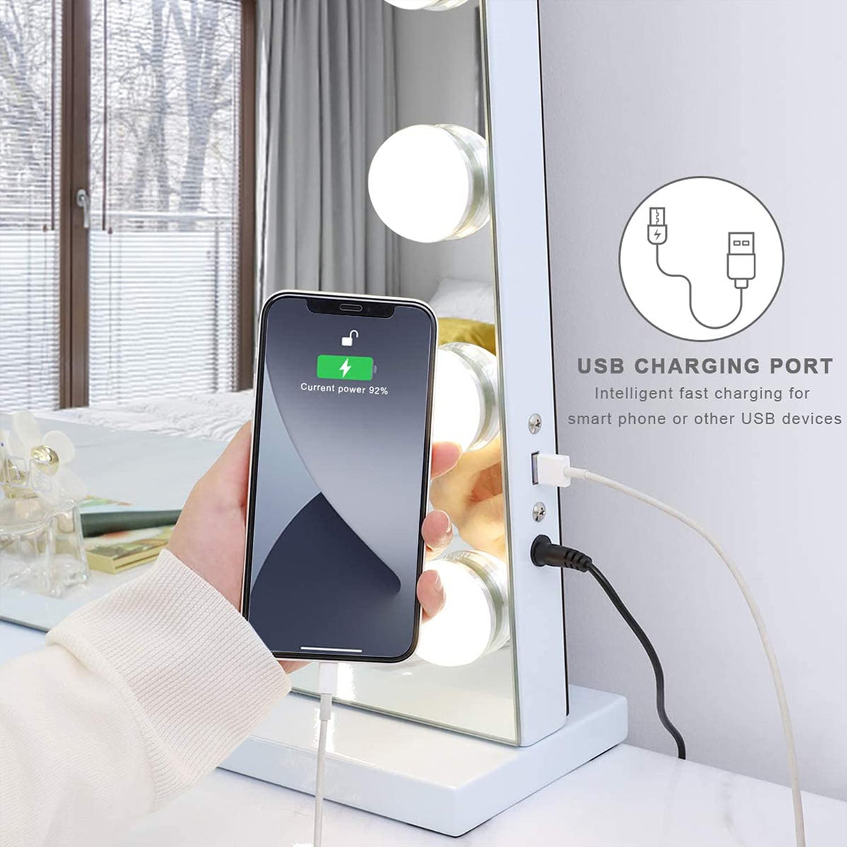 Vanity Smart Mirror with Lights Bluetooth Speaker USB Power Charging Large Hollywood Lighted Mirror with 18 Dimming LED Bulbs for Tabletop/Wall-Mounted