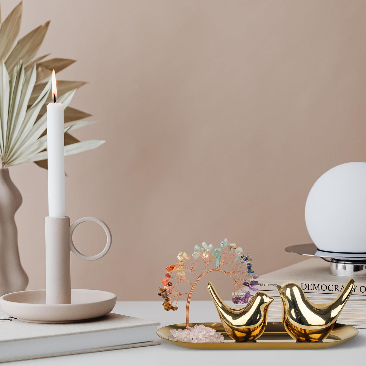 Crystals Tree,Small Birds Statue,7 Chakra Healing Crystals Stones Tree Storage Tray Yoga Meditation Zen Room Office Home Decor Set Figurine Ornament Decoration Feng Shui Wealth Luck